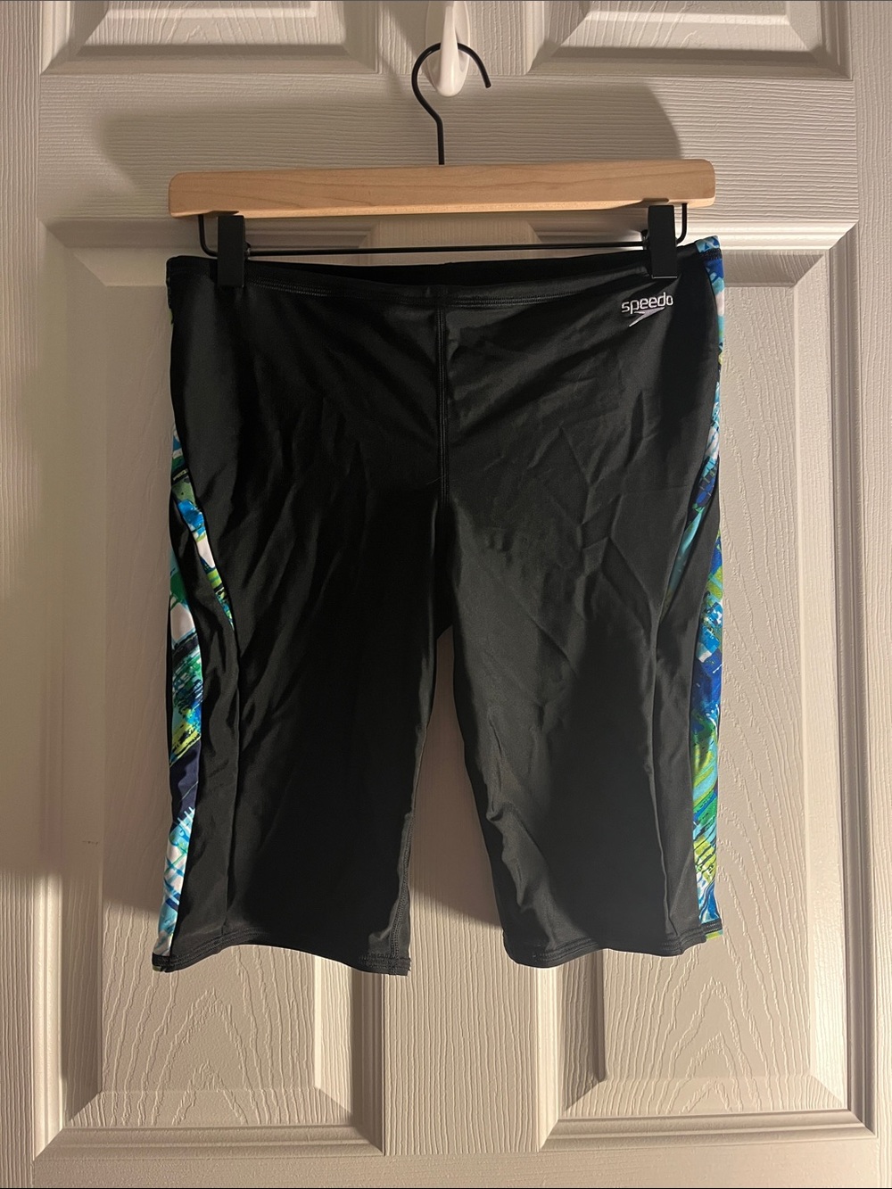 34 Speedo Black Jammer Swim Shorts with Blue and Green Patterned Side Panels